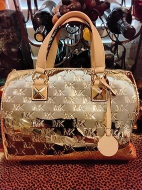 Michael Kors Metallic Gold Patent MK Logo Satchel with Cream Handles